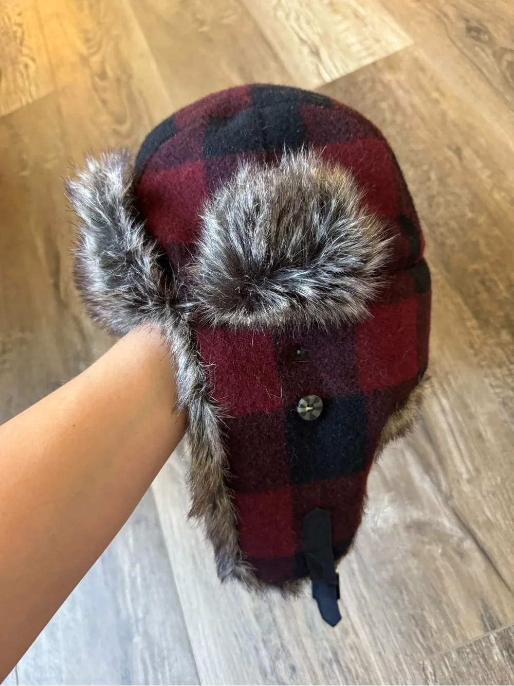 Men's Faux Fur Trapper Hat in Burgundy with Gray-Brown Trim